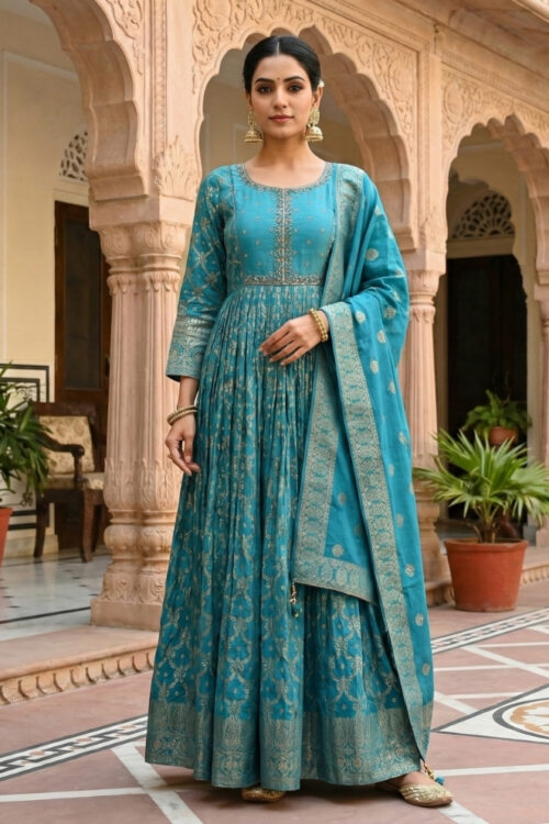 Firozi Banarasi Silk Anarkali Dress Set with Leggings & Banarasi Dupatta – Festive Wear