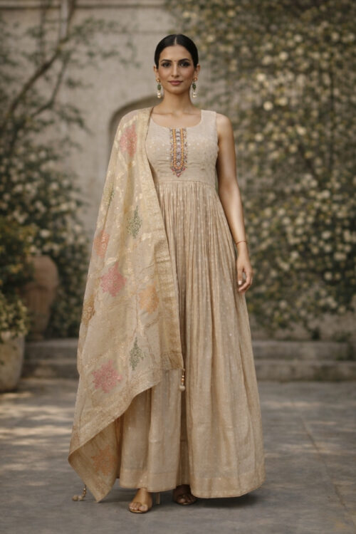 Ivory Silk Anarkali Dress with Designer Banarasi Dupatta