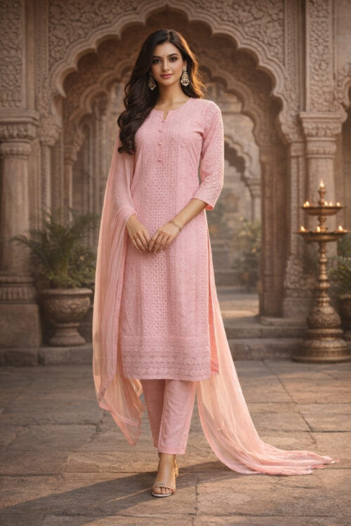 Pink Lakhnavi Kurti Set with Chiffon Dupatta and Pant
