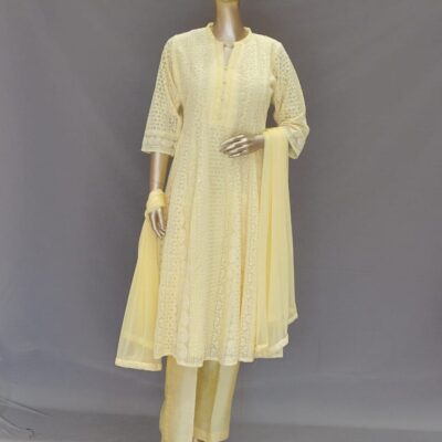 Yellow Anarkali Style Lakhnavi Suit Set – for Party Wear