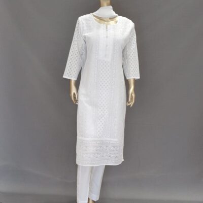 White Chikankari Suit Set with Chiffon Plain Dupatta & Pant