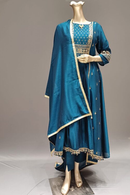 Royal Blue Raw Silk Anarkali Suit Set with Handwork