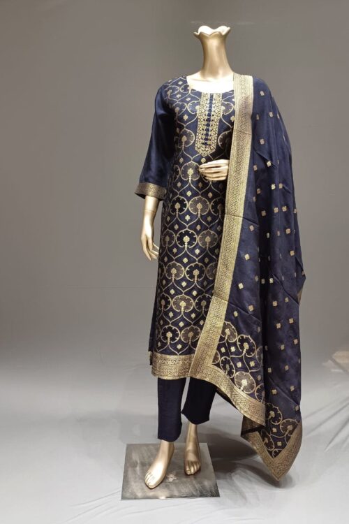 Navy Blue Banarasi Silk Suit Set with Pant & Dupatta for Festive Wear