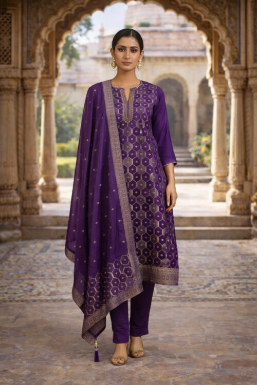 Purple Banarasi Silk Suit Set with Pant & Dupatta
