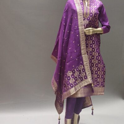 Purple Banarasi Silk Suit Set with  Pant & Dupatta for festival