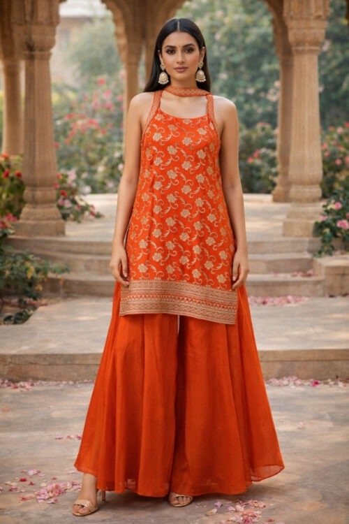 Orange Banarasi Silk Top and Palazzo Set with Chokar Style Dupatta