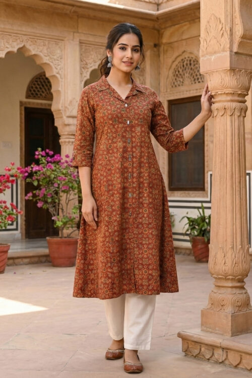 Rust Cotton Kurti with  Mirror Work and Hand Embroidery