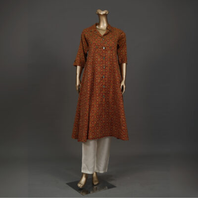 Rust Cotton Kurti with  Mirror Work and Hand Embroidery