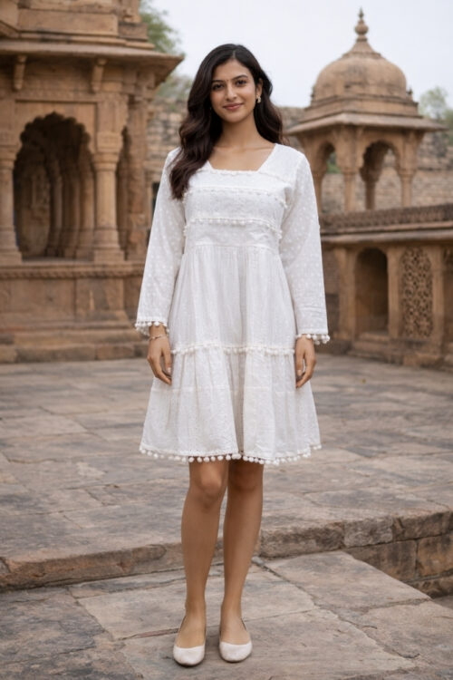 White Cotton Round Kurti with Gota Lace