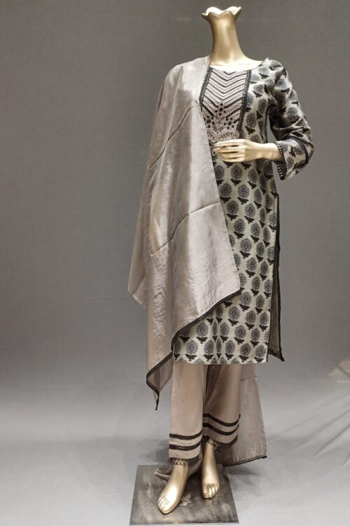 Grey Silk Printed Suit Set with Georgette Dupatta & Pant