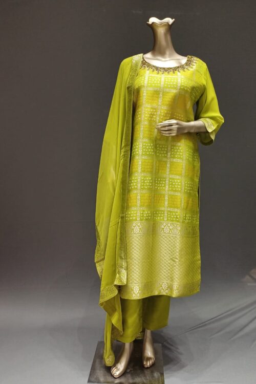 Peach Green Banarasi Silk Suit Set with Handwork , Festive Ethnic Wear