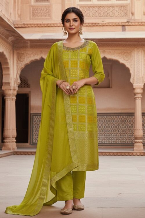 Parrot Green Banarasi Silk Suit Set with Hand Embroidered