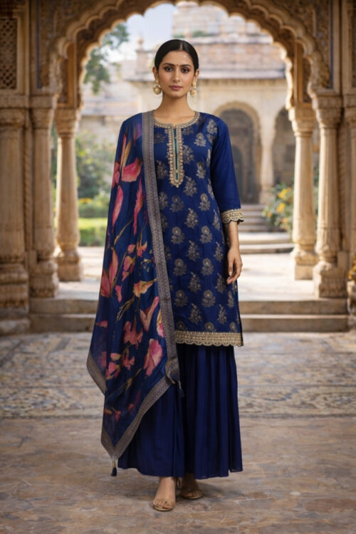 Blue Silk Embroidered Sharara Set with Printed Dupatta