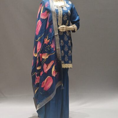 Blue Silk Embroidered Top & Sharara Set with Printed Dupatto