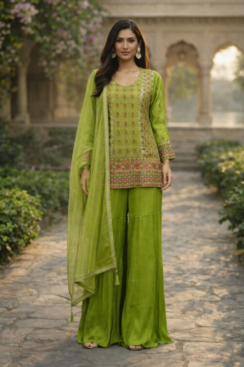 Parrot Green Silk Embroidered Sharara Suit with Net Dupatta