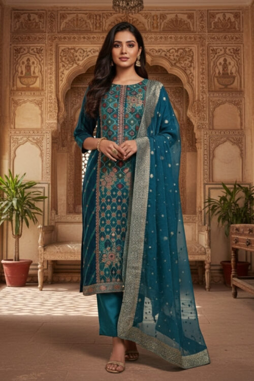 Rama Green Silk Handwork Suit Set with Pant & Dupatta