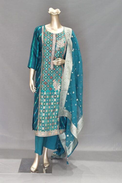 rama Green Silk Handwork Suit Set with Pant & Dupatta, Traditional Look
