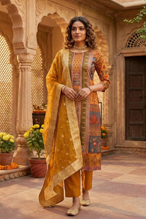 Mustard Multi-Color Silk Straight Suit Set with Pant & Dupatta