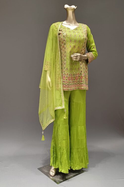 Parrot Green Embroidered Silk Top with Sharara & Net Dupatta, Ethnic Wear