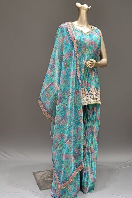 Multi-Color Handwork Top Set with Palazzo & Dupatta, Festive Wear