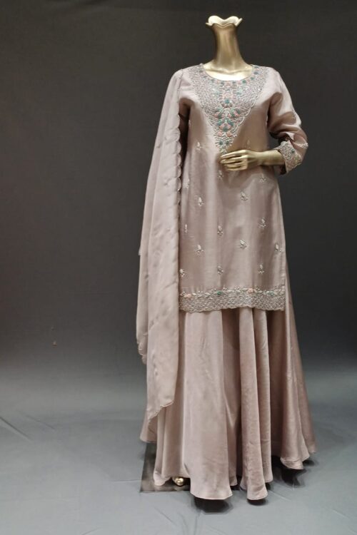 Mauve Silk Top and skirt with organza dupatto