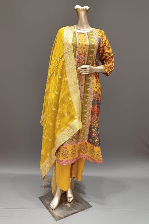 Mustard Multi-Color Printed Silk Suit Set with Pant & Dupatta for Casual Festive Look
