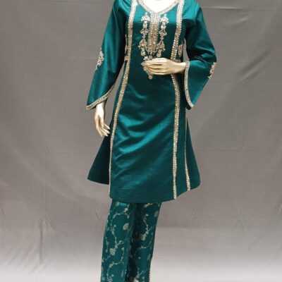 Elegant Green Silk Suit Set with Pant & Dupatta – Hand Embroidered Festive Wear