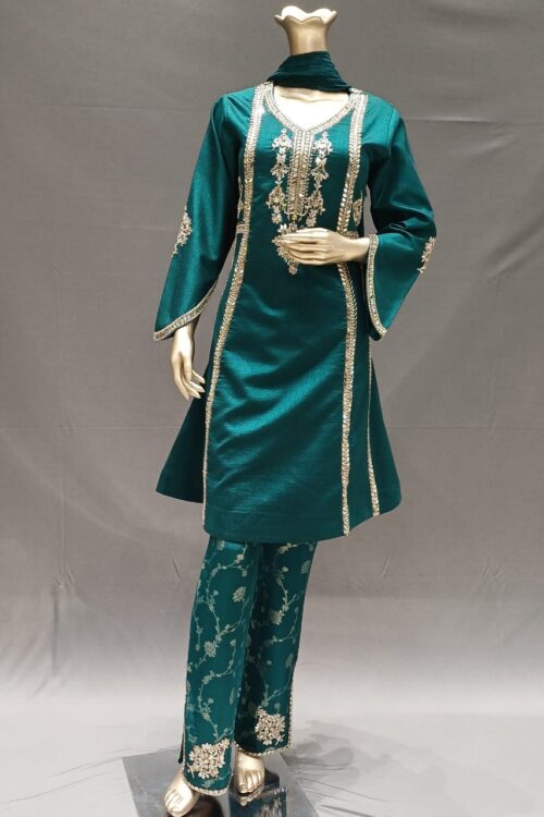 Elegant Green Silk Suit Set with Pant & Dupatta – Hand Embroidered Festive Wear