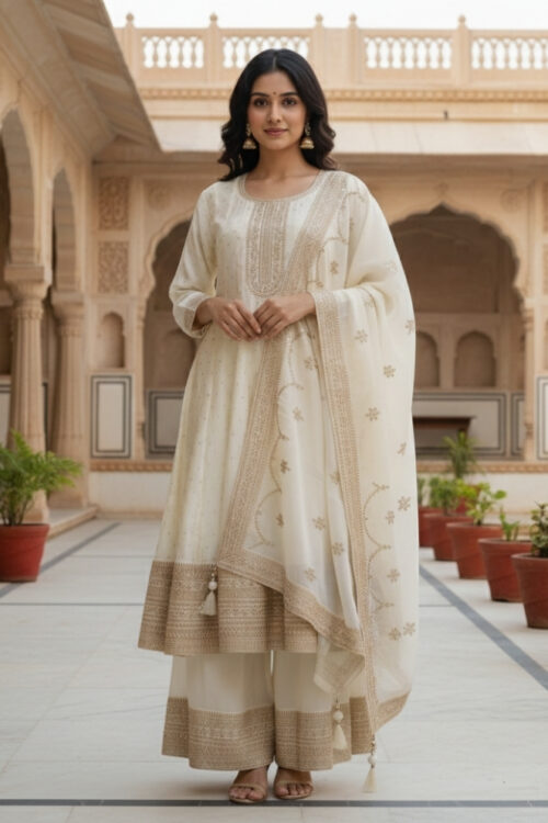 White Silk Anarkali Suit with Palazzo & Dupatta