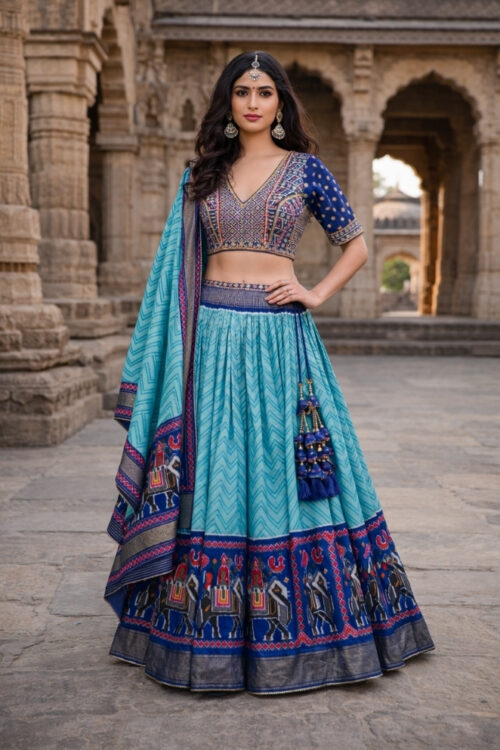 Royal Navy Blue Silk Lehenga Choli Set with Dupatta