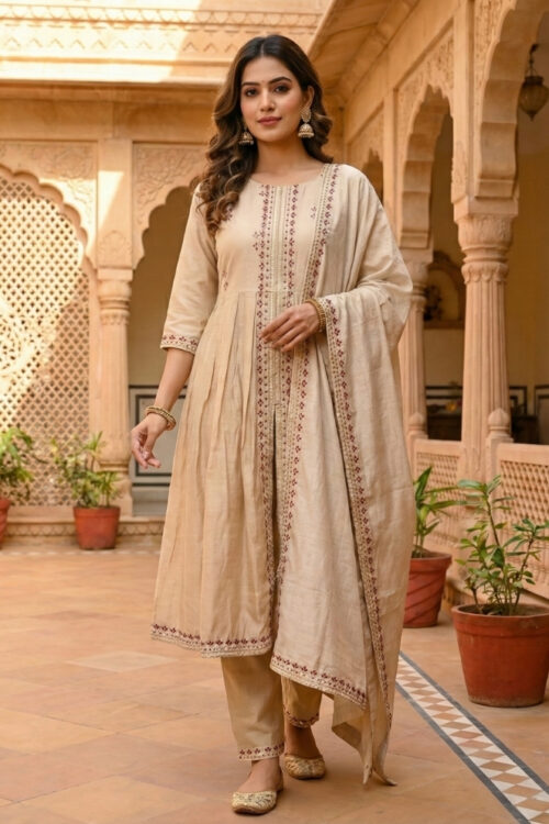 Ivory Silk Anarkali Suit with Pant & Dupatta