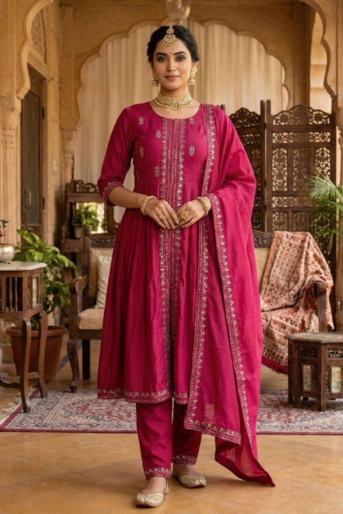 Rani Silk Anarkali Suit with Pant & Dupatta