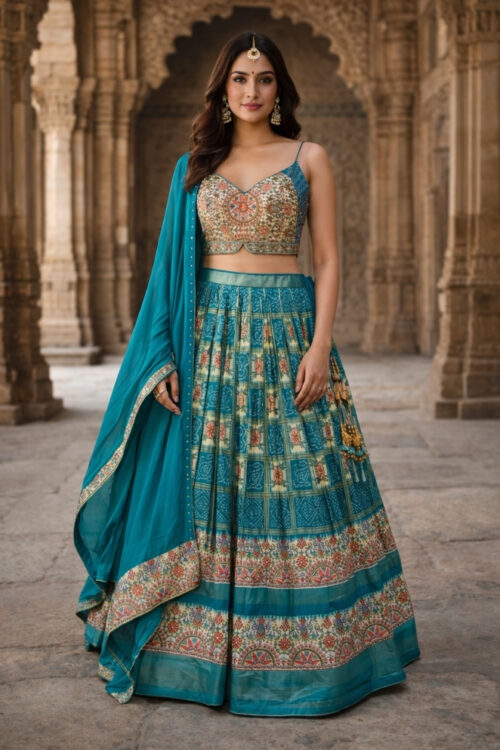 Multicolor Bandhej Printed Silk Lehenga Choli with Dupatta