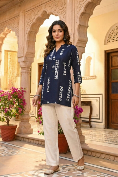 Navy Blue Printed Short Kurti – Trendy Rayon Ethnic Top