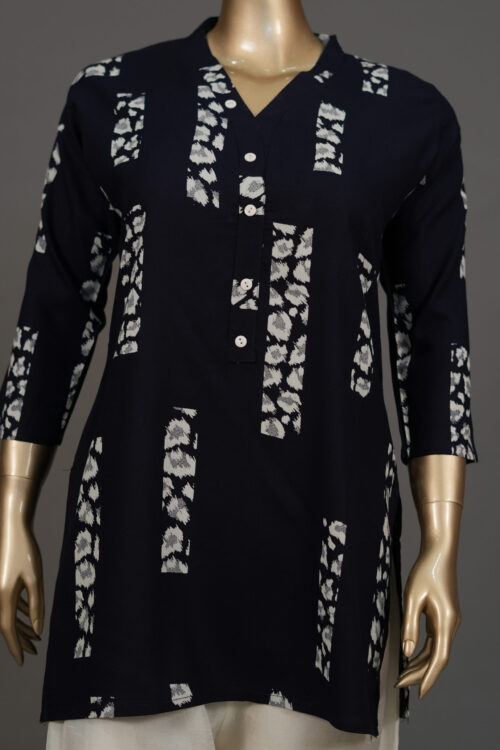 Navy Blue Printed Short Kurti – Trendy Rayon Ethnic Top