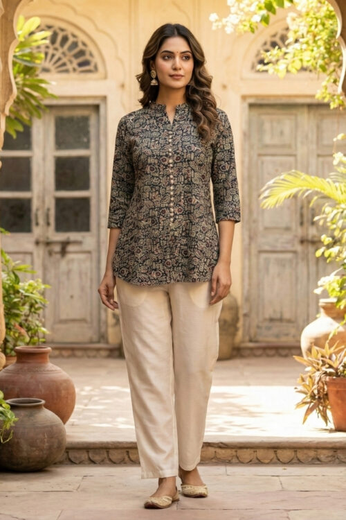 Navy Blue Rayon Short Kurti – Classic Ethnic Wear for Women