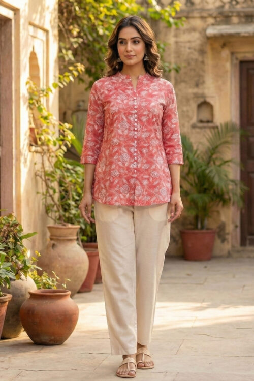 Pink Rayon Printed Short Kurti – Festive Casual Top