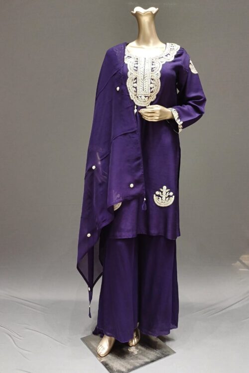 Purple Raw Silk Palazzo Set with Top & Dupatta – Designer Festive Wear