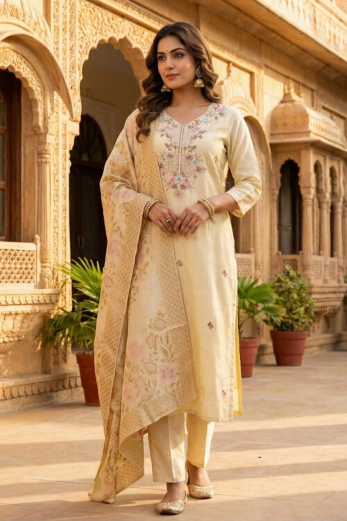 Lemon Yellow Raw Silk Straight Suit with Pant & Banarasi Dupatta
