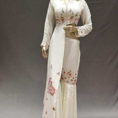 Off White Satin Silk Indo Western Crop Top in Pure Handwork – Designer Collection