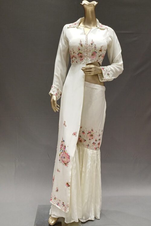 Off White Satin Silk Indo Western Crop Top in Pure Handwork – Designer Collection