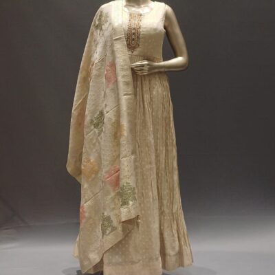 Ivory Silk Anarkali Dress with Designer Banarasi Dupatta, Festive Collection