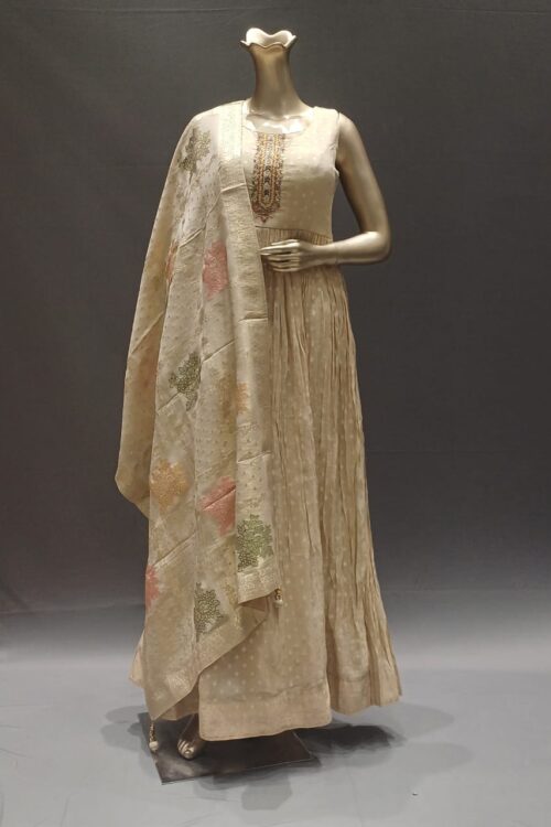 Ivory Silk Anarkali Dress with Designer Banarasi Dupatta, Festive Collection