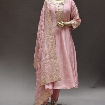 Hand-Embroidered Pink Silk Anarkali Set