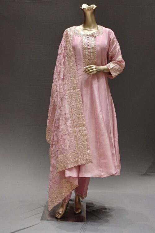Hand-Embroidered Pink Silk Anarkali Set