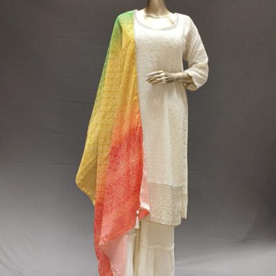 Cream Lucknowi Sharara suit Set with Multi-Color Georgette Dupatta