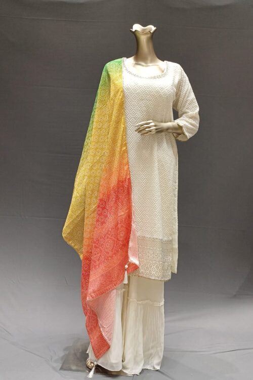Cream Lucknowi Sharara suit Set with Multi-Color Georgette Dupatta