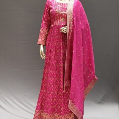Rustic Red Banarasi Silk Anarkali Dress with Dupatta for Traditional Wear