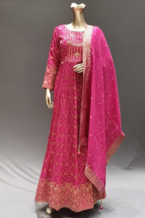 Rustic Red Banarasi Silk Anarkali Dress with Dupatta for Traditional Wear
