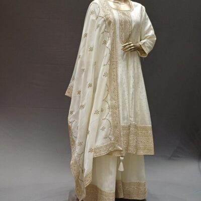 White Silk Anarkali Suit with Palazzo & Dupatta – Ethnic Collection